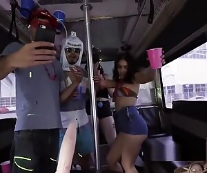 Blonde teen fucks huge dick in party bus
